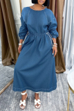 Blue Casual O Neck Half Lantern Sleeve Draw String Waisted Loose Denim Maxi Dresses