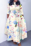 Light Grey Green Floral Print O Neck 3/4 Sleeve Belted Fitted A-line Casual Vacation Plus Size Maxi Dresses
