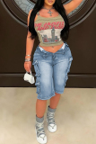 Blue Casual Pocket Patchwork Mid Waist Straight Fifth Cargo Denim Shorts