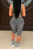 Blue Casual Pocket Patchwork Mid Waist Straight Fifth Cargo Denim Shorts