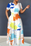 Yellow Floral Print V Neck Short Sleeve Fitted Casual Vacation Plus Size Maxi Dresses