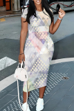 White Green Geometric Floral Print O Neck Short Sleeve Bodycon Casual Vacation Party Maxi Dress