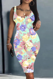 Pink Casual Floral Heart Print U Neck Sleeveless Bodycon Midi Vest Dresses