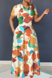 Yellow Floral Print V Neck Short Sleeve Fitted Casual Vacation Plus Size Maxi Dresses