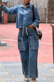 Blue Casual Drawstring High Waist wirh Pocket Wide Leg Cargo Denim Jeans