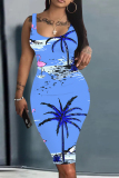 Pink Casual Floral Heart Print U Neck Sleeveless Bodycon Midi Vest Dresses