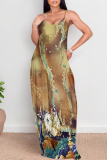 Multicolor Abstarct Floral Print U Neck Sleeveless Backless Fitted Casual Vacation Maxi Slip Dresses