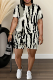 Khaki Leopard Zebra Camouflage Print O Neck Short Sleeve T-shirt and Shorts Casual Outing Two Piece Short Sets
