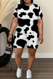 Khaki Leopard Zebra Camouflage Print O Neck Short Sleeve T-shirt and Shorts Casual Outing Two Piece Short Sets
