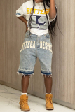 Blue Casual Letters Print Raw Hem Mid Waist Straight Fifth Denim Shorts Jeans