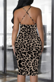 Khaki Abstract Geometric Leopard Print Sleeveless Backless Bodycon Party Vacation Midi Slip Dresses