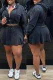 Black Casual Zipper Hooded Long Sleeve Jackets and A-line Mini Skirts Fitted Denim Two Piece Dress Sets