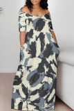 Multicolor Abstract Print V Neck Short Sleeve Fitted Casual Vacation Maxi Dresses