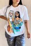 White Casual Girls Print O Neck Short Sleeve Loose T-Shirts Tops