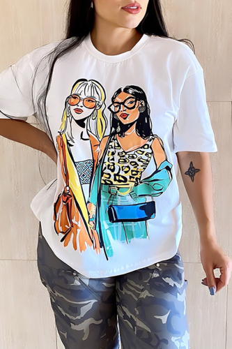 White Casual Girls Print O Neck Short Sleeve Loose T-Shirts Tops