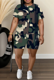 Khaki Leopard Zebra Camouflage Print O Neck Short Sleeve T-shirt and Shorts Casual Outing Two Piece Short Sets