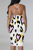 Khaki Abstract Geometric Leopard Print Sleeveless Backless Bodycon Party Vacation Midi Slip Dresses
