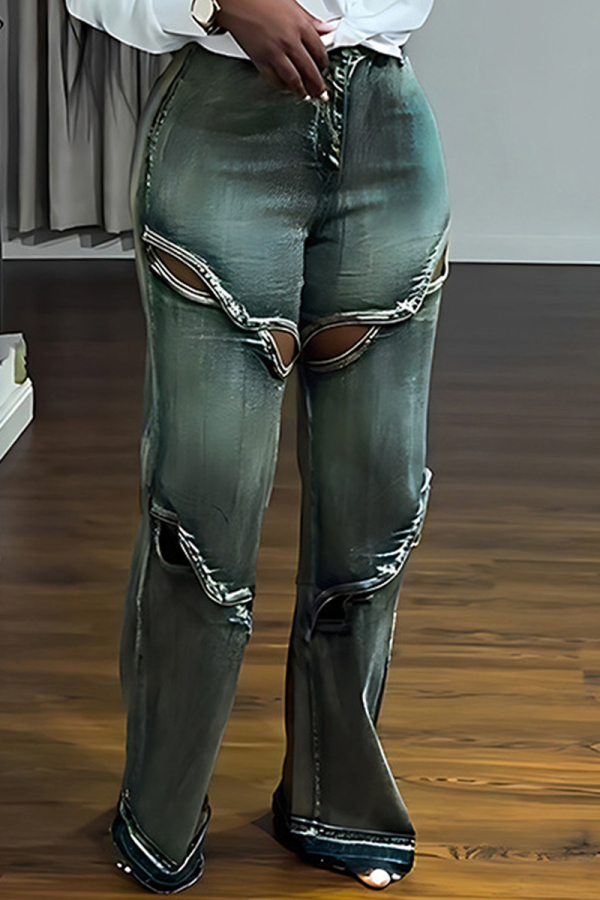 Blue Casual Cut Out Patchwork High Waist Fitted Denim Jeans