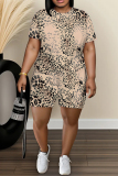 Khaki Leopard Zebra Camouflage Print O Neck Short Sleeve T-shirt and Shorts Casual Outing Two Piece Short Sets