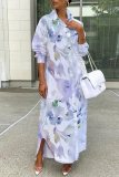 Blue Casual Leaf Floral Print Turndown Collar Long Sleeve Buttons Slit Straight Maxi Shirt Dresses