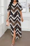 Orange Floral Colorblock Print V Neck Half Sleeve Slit Loose Straight Casual Vacation Plus Size Maxi Dresses