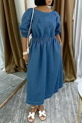 Blue Casual O Neck Half Lantern Sleeve Draw String Waisted Loose Denim Maxi Dresses