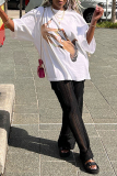 White Casual Hand Print O Neck Dropped Shoulder Half Sleeve Loose T-Shirts Tops