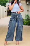 Blue Casual Drawstring High Waist wirh Pocket Wide Leg Cargo Denim Jeans