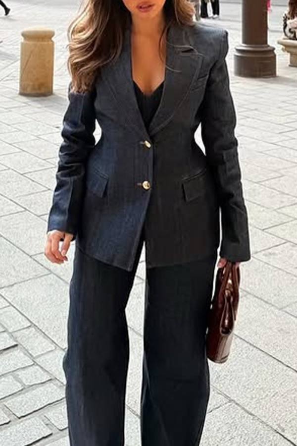 Black Distressed Turn-back Collar Long Sleeve Blazer Cami Tops and Straight Pants Office Lady Denim Three Pieces Trouser Sets