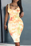 Pink Casual Floral Heart Print U Neck Sleeveless Bodycon Midi Vest Dresses