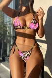 Leopard Floral Print Lace up Tie-back Backless Triangle Bikini Sets Swimwears (With Paddings)
