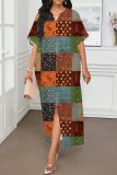 Orange Floral Colorblock Print V Neck Half Sleeve Slit Loose Straight Casual Vacation Plus Size Maxi Dresses