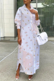 Blue Casual Leaf Floral Print Turndown Collar Long Sleeve Buttons Slit Straight Maxi Shirt Dresses