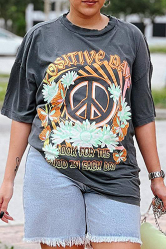 Grey Casual Letter Graphic Print O Neck Short Sleeve Loose T-Shirts Tops