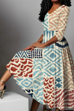 Purple Graphic Colorblock Print V Neck Half Sleeve A Line Fitted Casual Plus Size Maxi Dresses