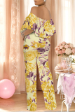 Yellow Casual Floral Print Off Shoulder Short Sleeve Ruffle Trim with Pocket Fitted Casual Vacation Straight Leg Jumpsuits