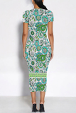 White Green Geometric Floral Print O Neck Short Sleeve Bodycon Casual Vacation Party Maxi Dress