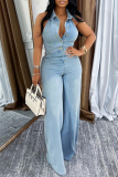 Blue Casual Turndown Collar Sleeveless Backless Button up Fitted Wide Leg Denim Jumpsuits