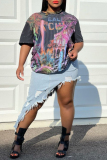 Grey Casual Letter Graphic Print O Neck Short Sleeve Loose T-Shirts Tops