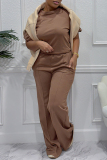 Brown O Neck Short Sleeve T-shirt and Wide Leg Pants Casual Outing Two Piece Trouser Sets