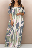 Multicolor Abstract Print V Neck Short Sleeve Fitted Casual Vacation Maxi Dresses