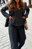 Black Distressed Turn-back Collar Long Sleeve Blazer Cami Tops and Straight Pants Office Lady Denim Three Pieces Trouser Sets