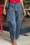 Blue Casual Drawstring High Waist wirh Pocket Wide Leg Cargo Denim Jeans
