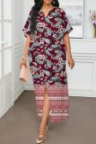 Orange Floral Colorblock Print V Neck Half Sleeve Slit Loose Straight Casual Vacation Plus Size Maxi Dresses