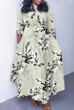 Light Grey Green Floral Print O Neck 3/4 Sleeve Belted Fitted A-line Casual Vacation Plus Size Maxi Dresses