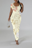 White Casual Floral Print O Neck Short Sleeve Back-Slit Bodycon Party Vacation Maxi Dress