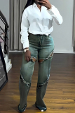 Blue Casual Cut Out Patchwork High Waist Fitted Denim Jeans