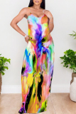 Multicolor Abstarct Floral Print U Neck Sleeveless Backless Fitted Casual Vacation Maxi Slip Dresses