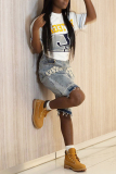 Blue Casual Letters Print Raw Hem Mid Waist Straight Fifth Denim Shorts Jeans