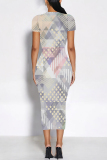 White Green Geometric Floral Print O Neck Short Sleeve Bodycon Casual Vacation Party Maxi Dress